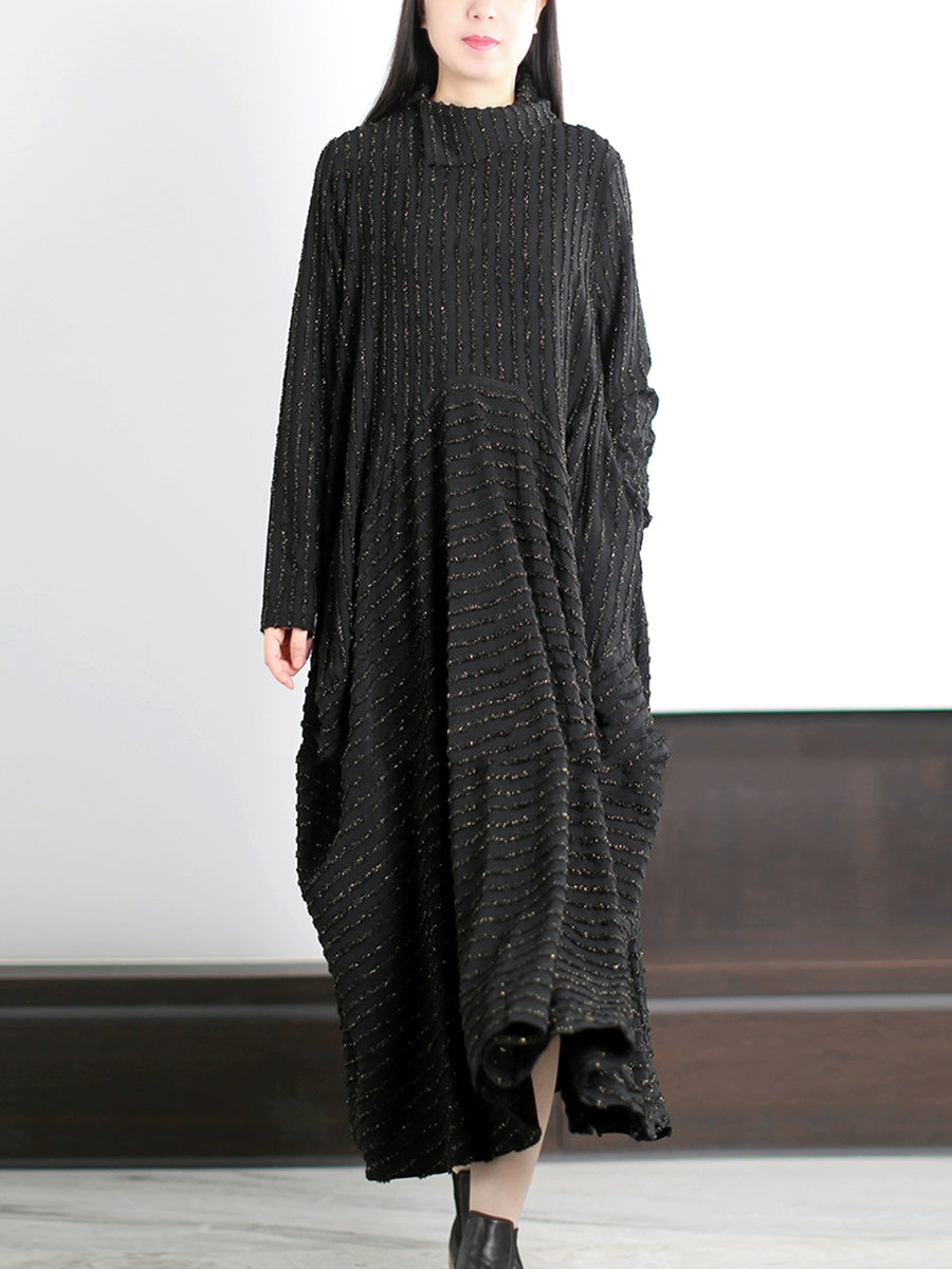 Plus Size Women Autumn Artsy Stripe O-Neck Maxi Dress