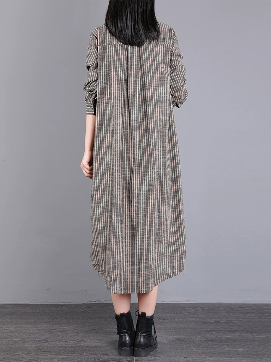 Plus Size Women Autumn Stripe Turn-down Collar Cotton Dress
