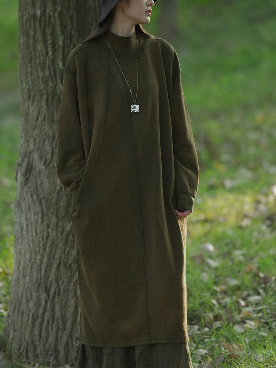 Plus Size Women Autumn Casual Pure Color Stand Collar Knit Dress