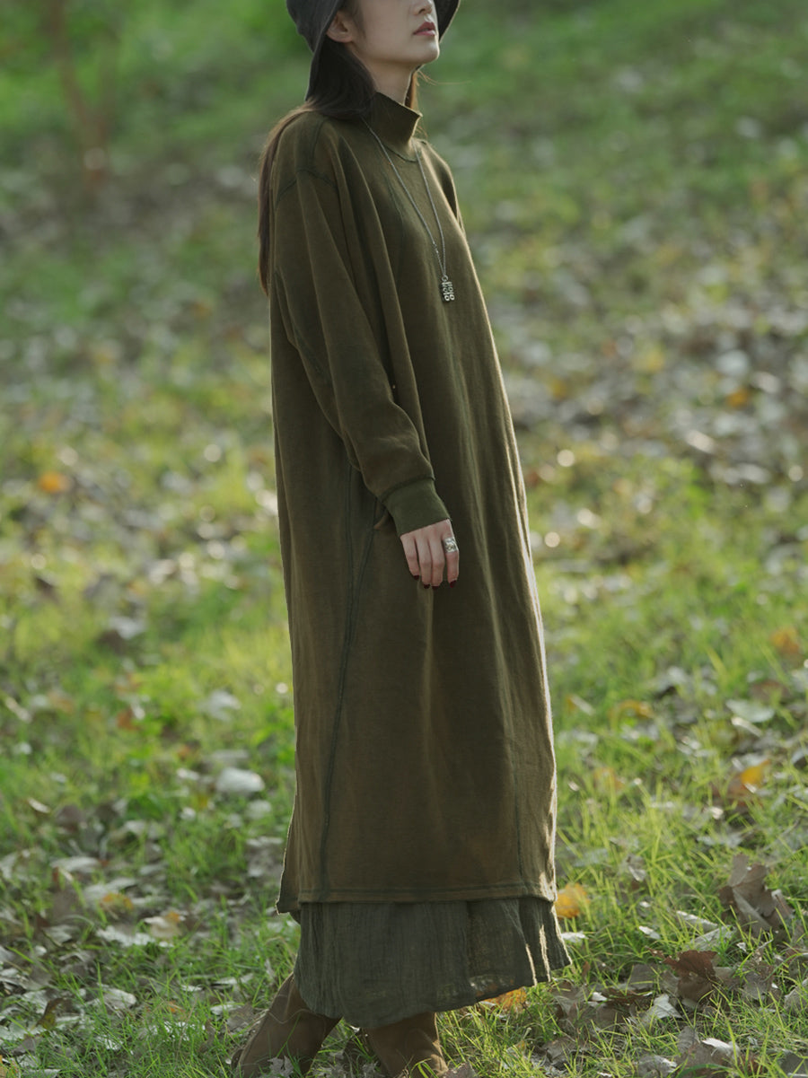 Plus Size Women Autumn Casual Pure Color Stand Collar Knit Dress