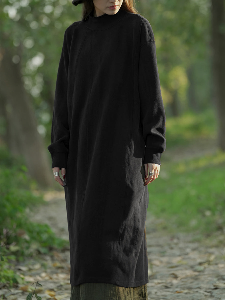 Plus Size Women Autumn Casual Pure Color Stand Collar Knit Dress