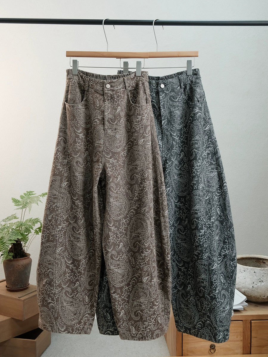 Plus Size Women Autumn Retro Flower Denim Straight Jeans