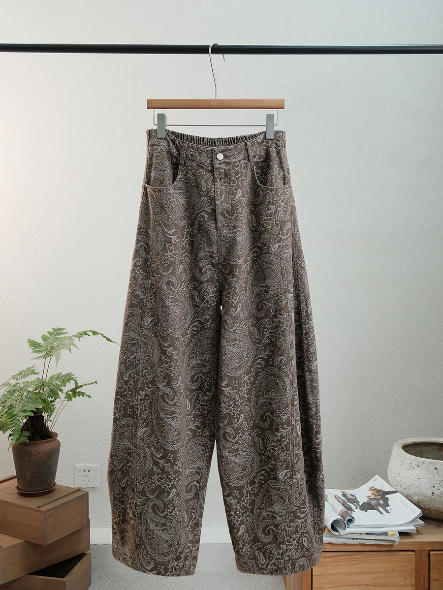 Plus Size Women Autumn Retro Flower Denim Straight Jeans