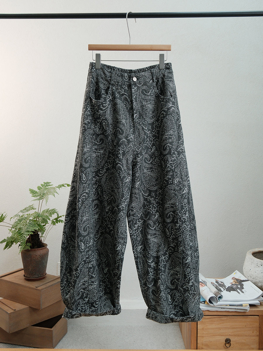 Plus Size Women Autumn Retro Flower Denim Straight Jeans