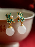Women Ethnic S925Silver Enamel Pearl Jade Earrings