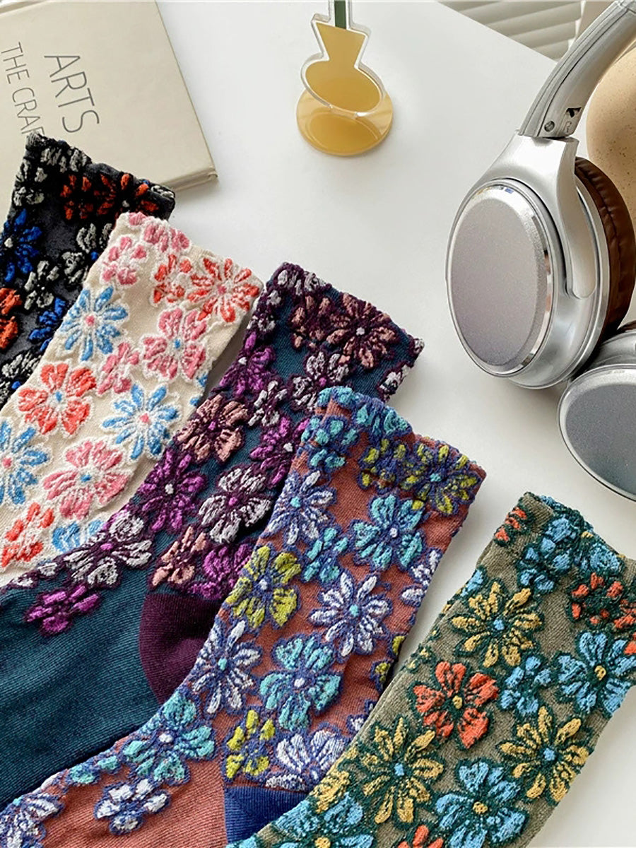 5 Pairs Women Artsy Flower Jacquard Cotton Socks