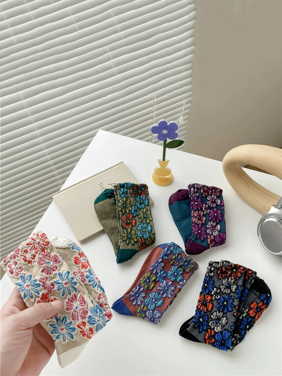 5 Pairs Women Artsy Flower Jacquard Cotton Socks