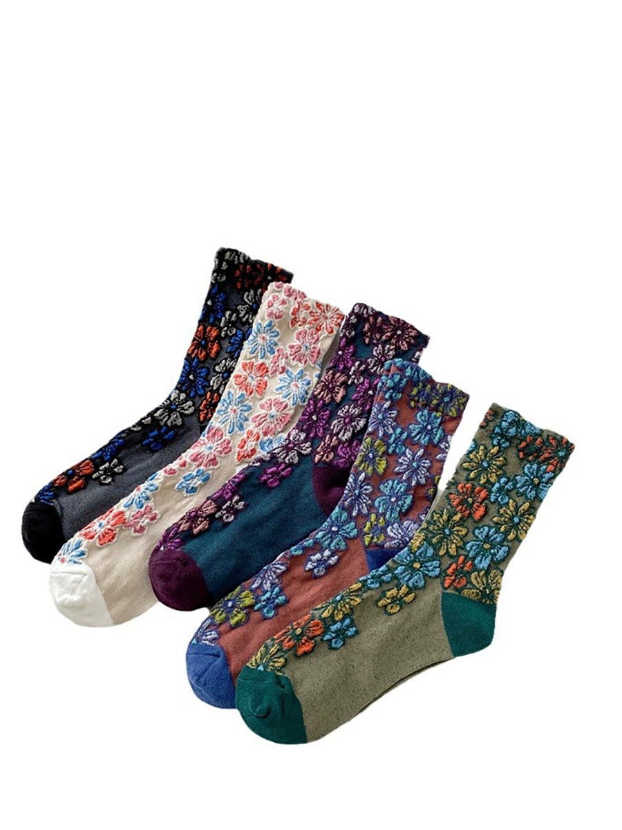 5 Pairs Women Artsy Flower Jacquard Cotton Socks