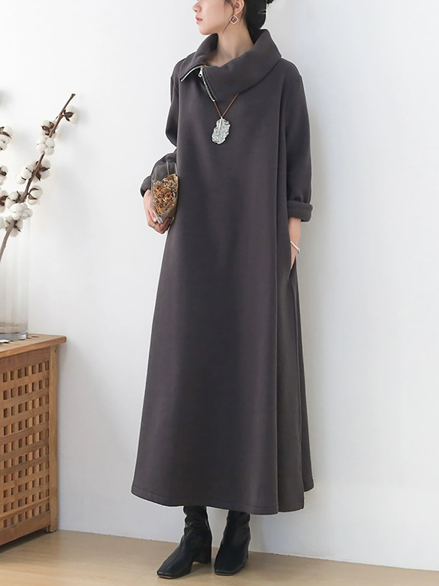 Plus Size Women Autumn Pure Color Turtleneck Cotton Polyester Dress