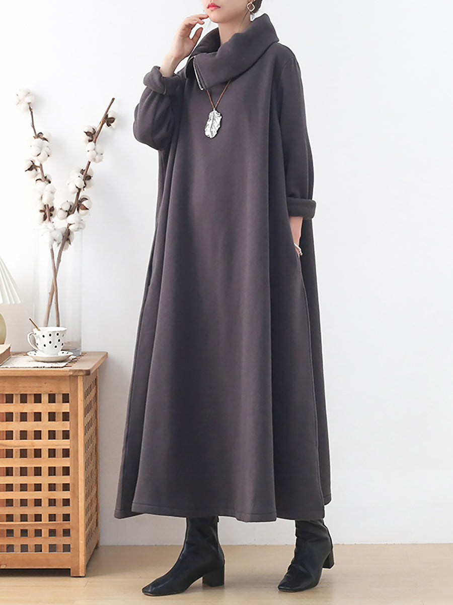 Plus Size Women Autumn Pure Color Turtleneck Cotton Polyester Dress