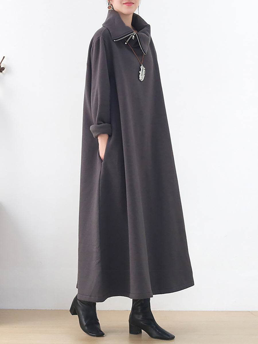 Plus Size Women Autumn Pure Color Turtleneck Cotton Polyester Dress