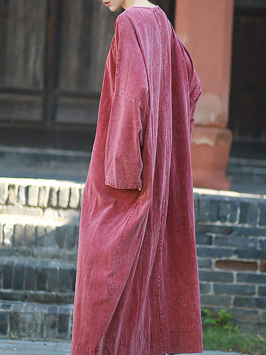 Women Autumn Retro Pure Color O-Neck Cotton Linen Dress