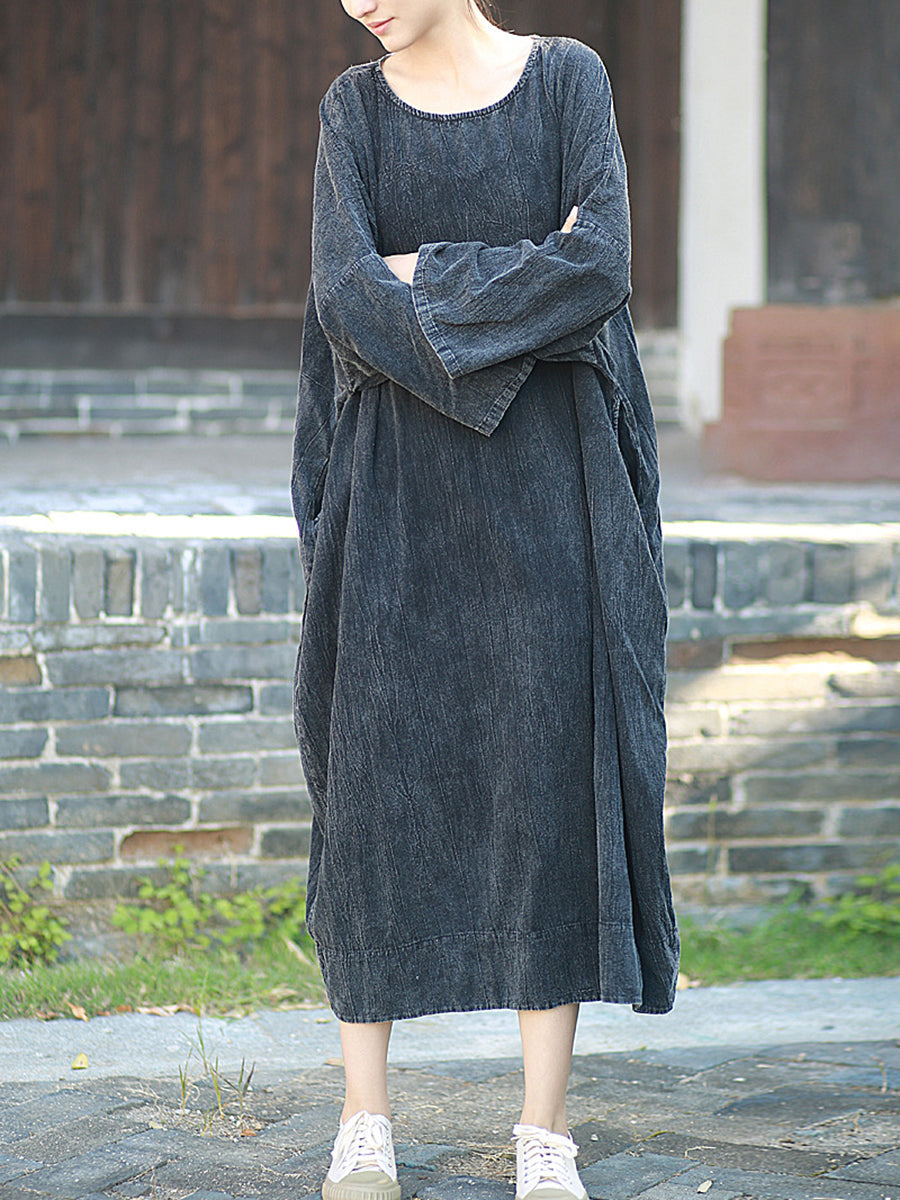 Women Autumn Retro Pure Color O-Neck Cotton Linen Dress