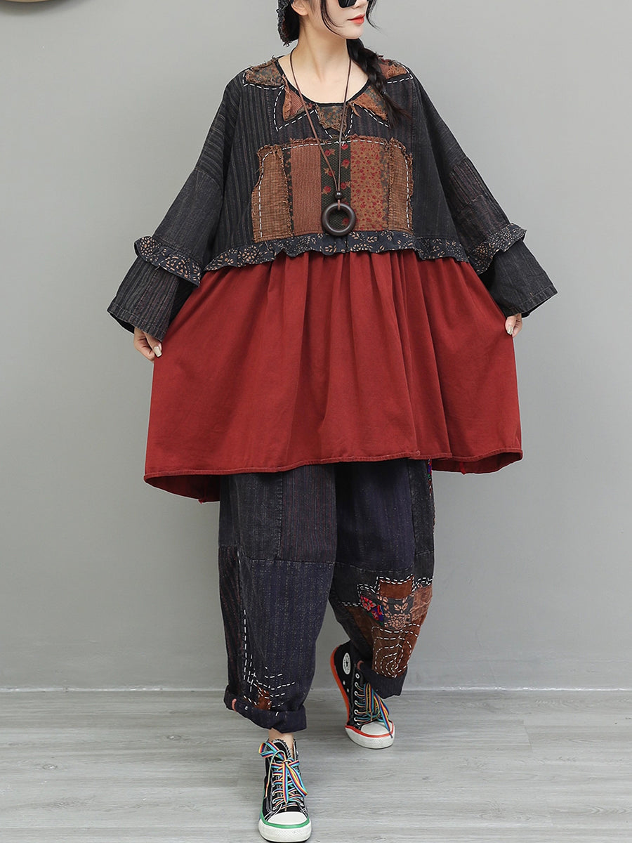 Women Autumn Vintage Patchwork Spliced Loose Suits