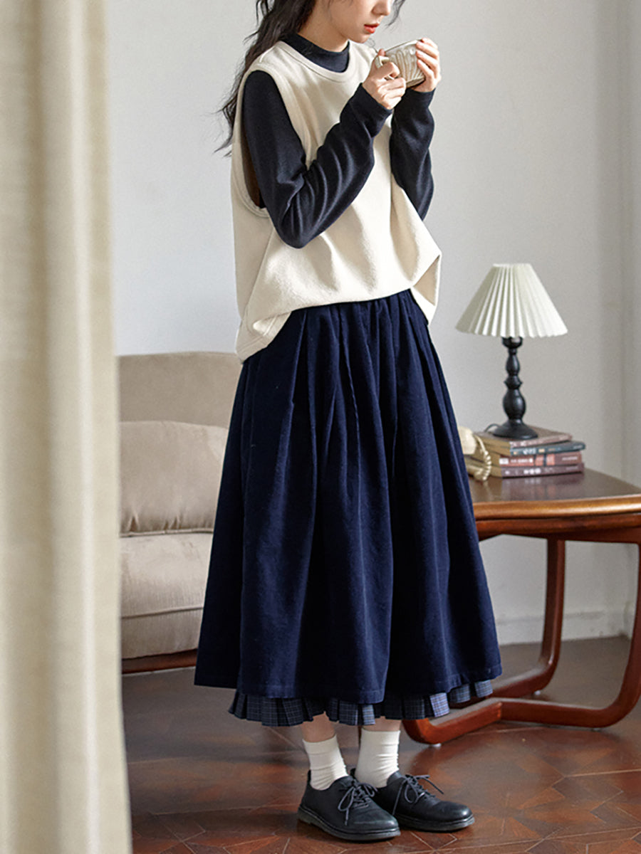 Plus Size Women Autumn Retro Plaid Spliced 100%Cotton Skirt