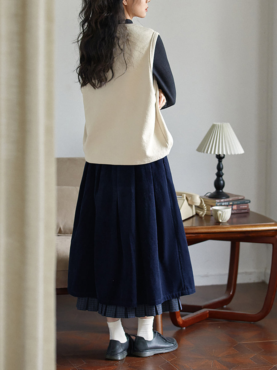 Plus Size Women Autumn Retro Plaid Spliced 100%Cotton Skirt