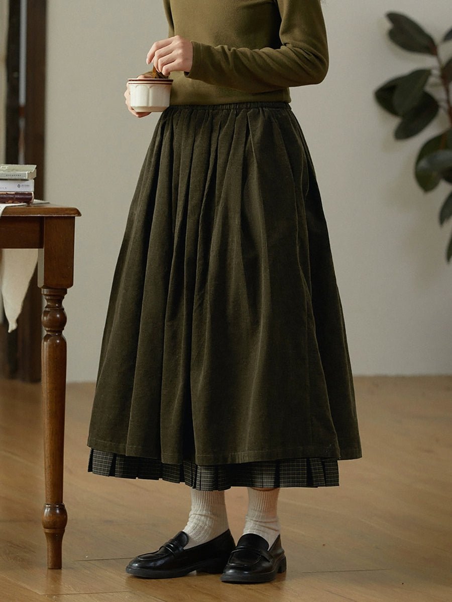 Plus Size Women Autumn Retro Plaid Spliced 100%Cotton Skirt