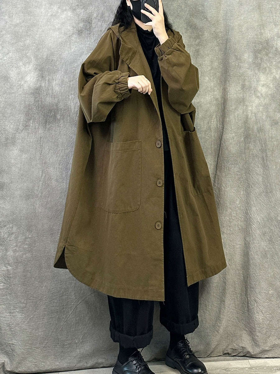 Plus Size Women Autumn Pure Color Long Cotton Hooded Coat