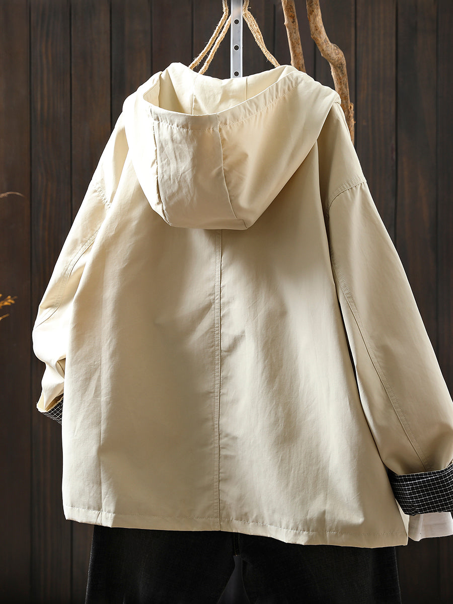 Women Autumn Casual Pure Color Windproof Hooded Jacket