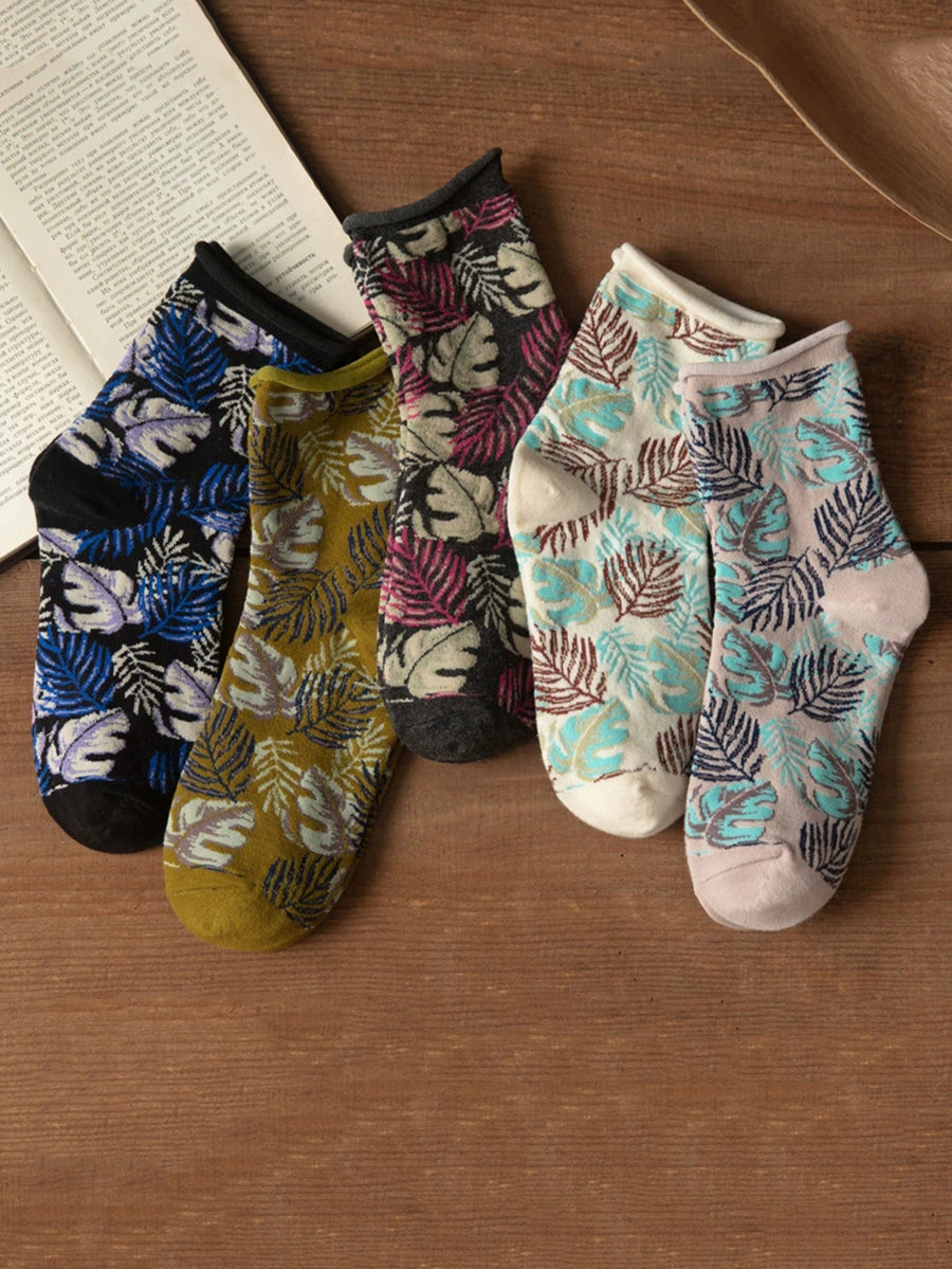 5 Pairs Women Vintage Leaf Rolled Edge Socks