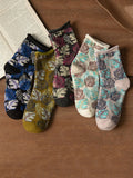 5 Pairs Women Vintage Leaf Rolled Edge Socks