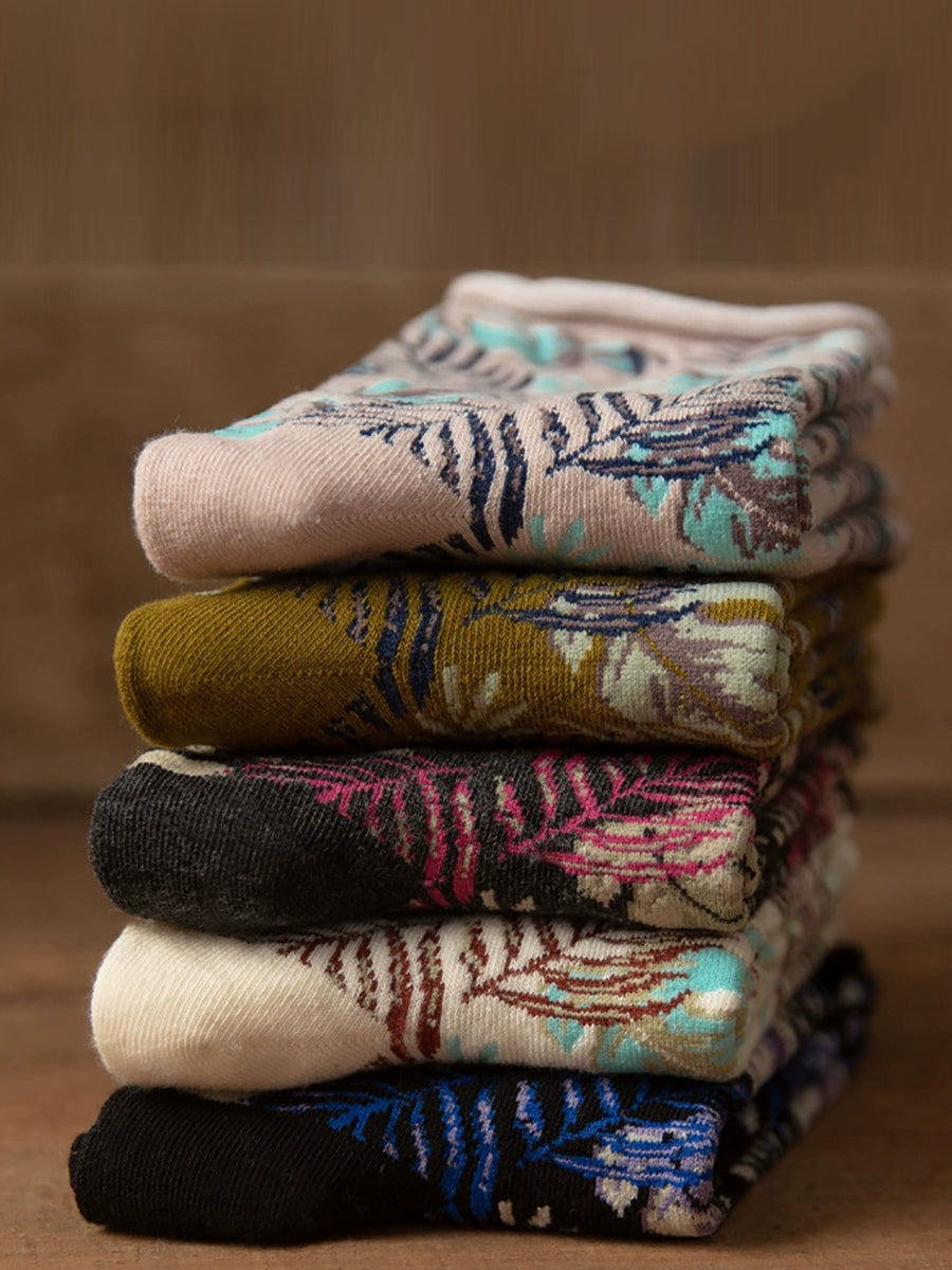 5 Pairs Women Vintage Leaf Rolled Edge Socks