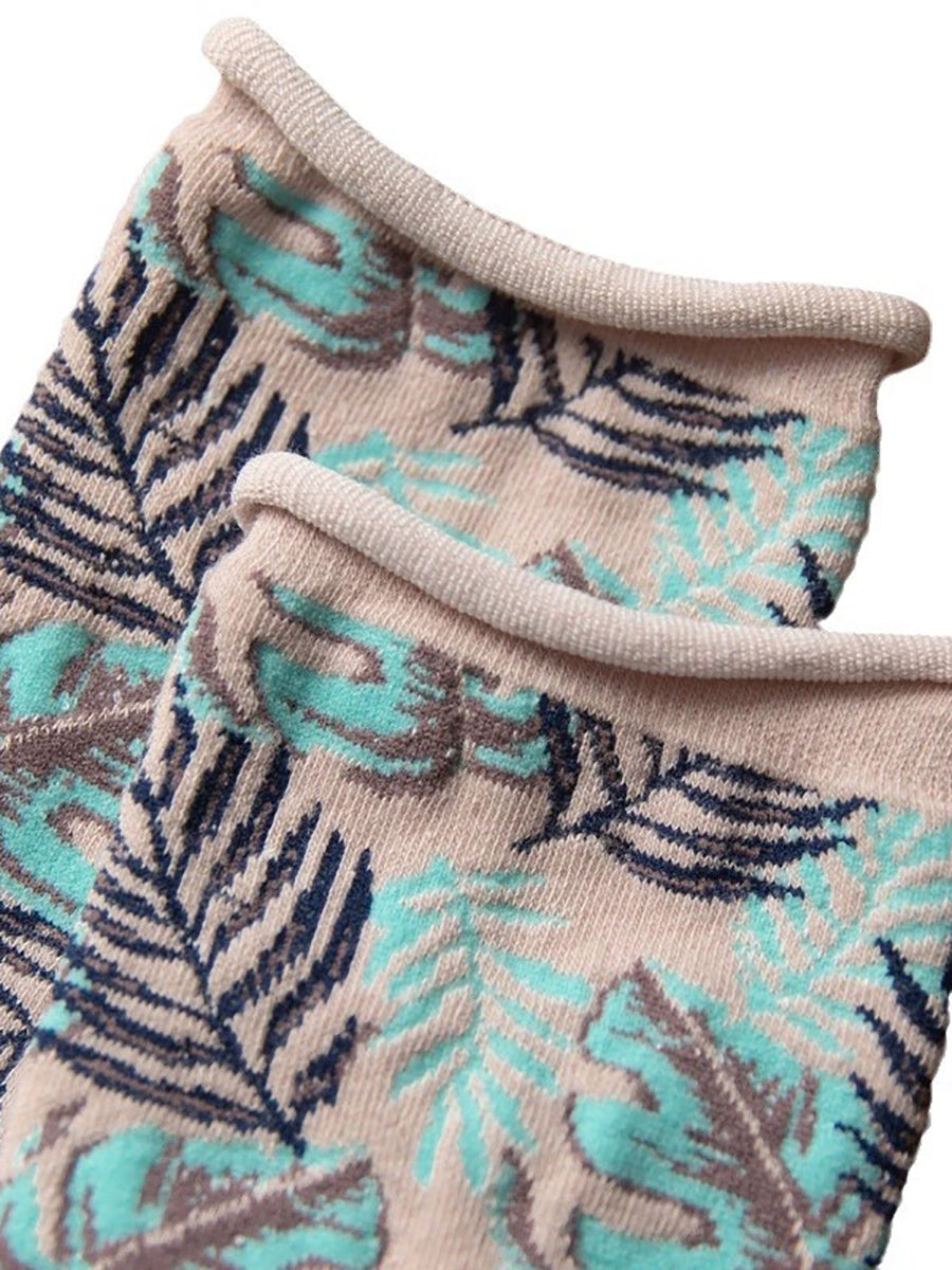 5 Pairs Women Vintage Leaf Rolled Edge Socks