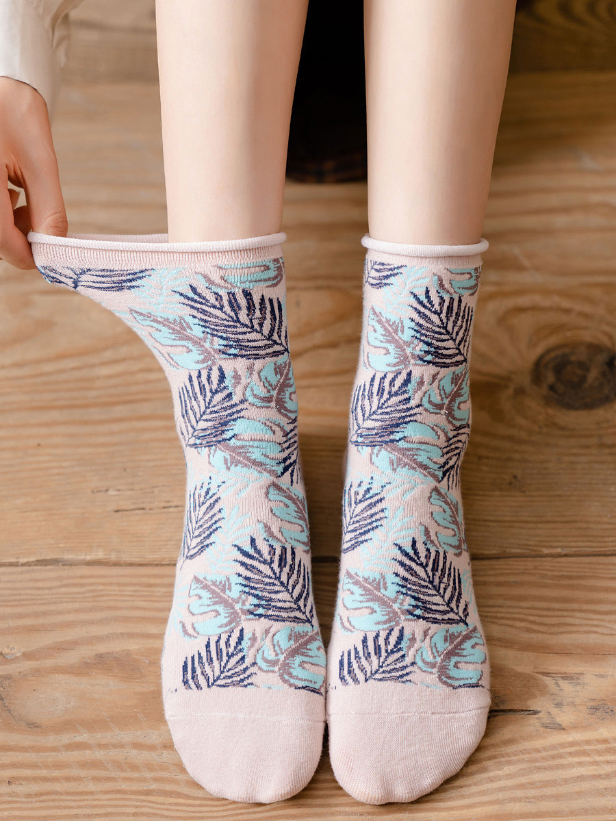 5 Pairs Women Vintage Leaf Rolled Edge Socks