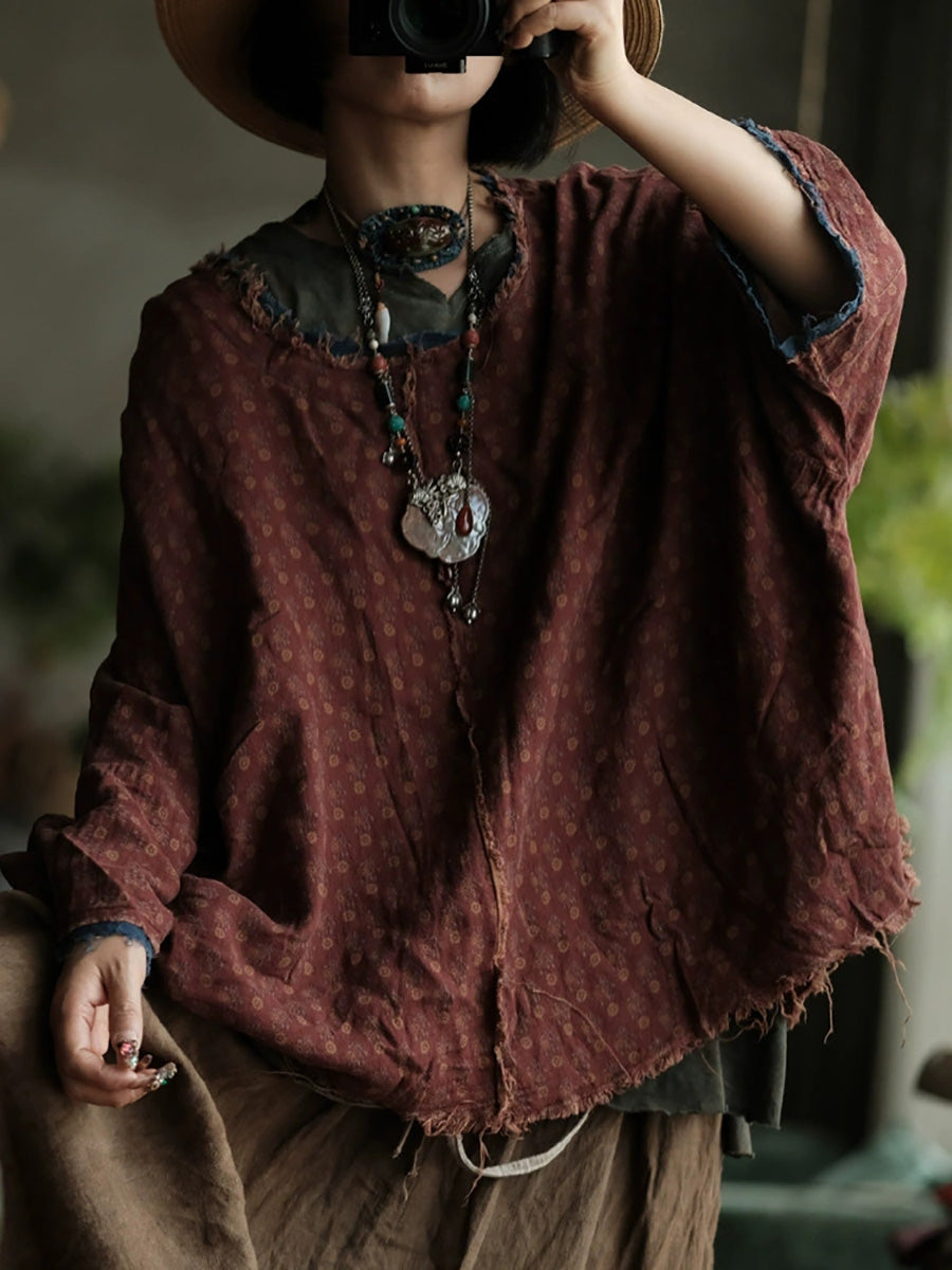 Plus Size Women Autumn Retro Print O-Neck Raw-edge Cotton Blouse