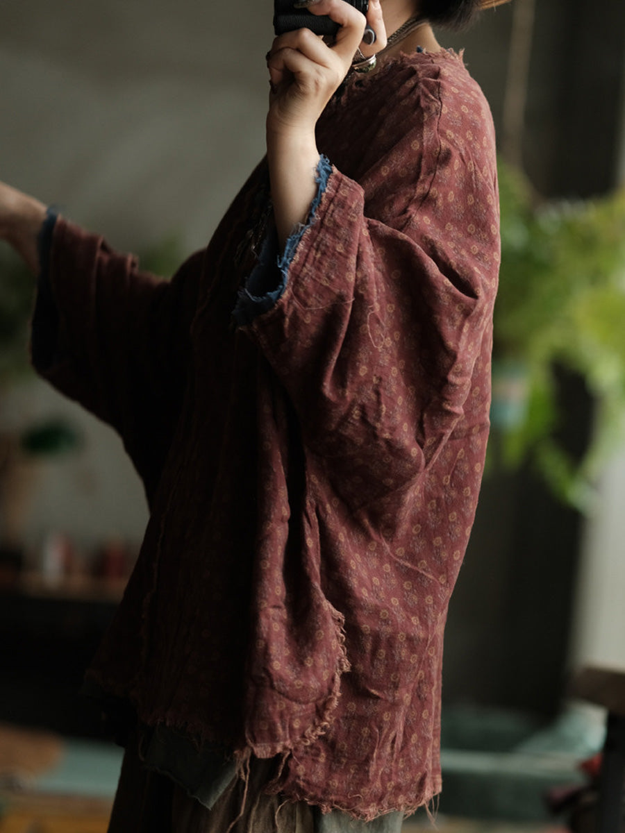 Plus Size Women Autumn Retro Print O-Neck Raw-edge Cotton Blouse