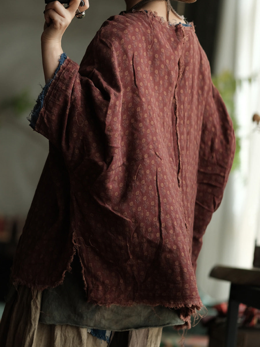 Plus Size Women Autumn Retro Print O-Neck Raw-edge Cotton Blouse
