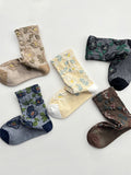 5 Pairs Women Autumn Artsy Flower Embossing Cotton Socks