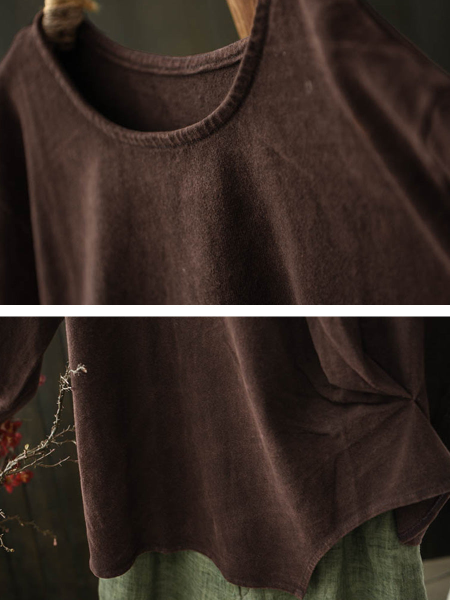 Plus Size Women Autumn Retro Pure Color Cotton Blouse