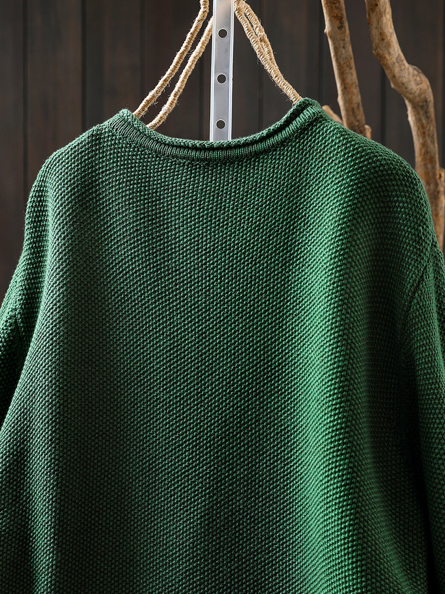 Women Autumn Artsy Patch Pocket Knitted O-Neck Sweater