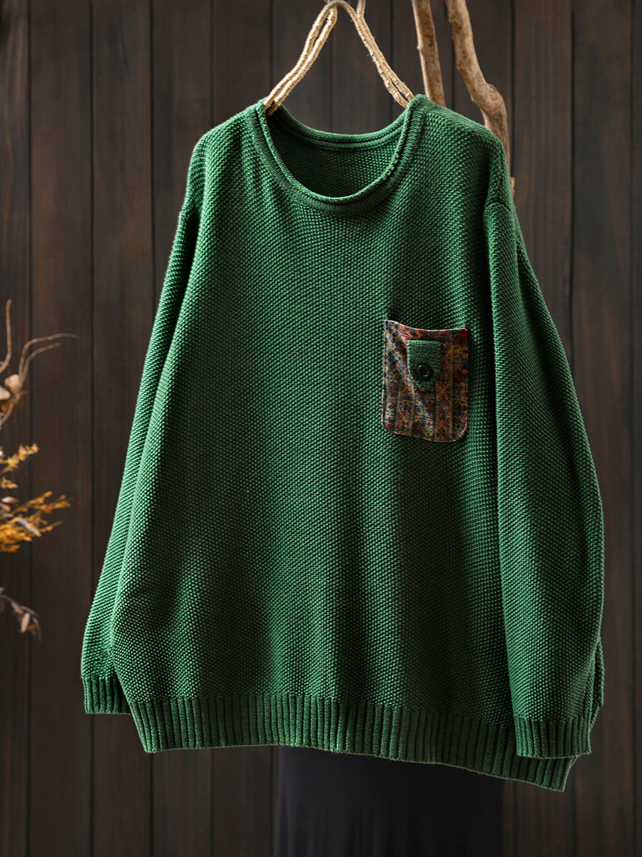 Women Autumn Artsy Patch Pocket Knitted O-Neck Sweater