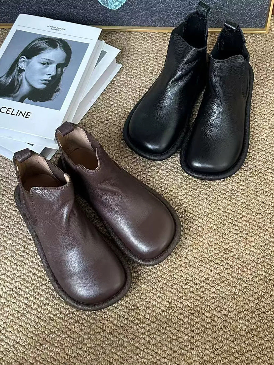 Women Autumn Pure Color Soft Leather Flat Boots