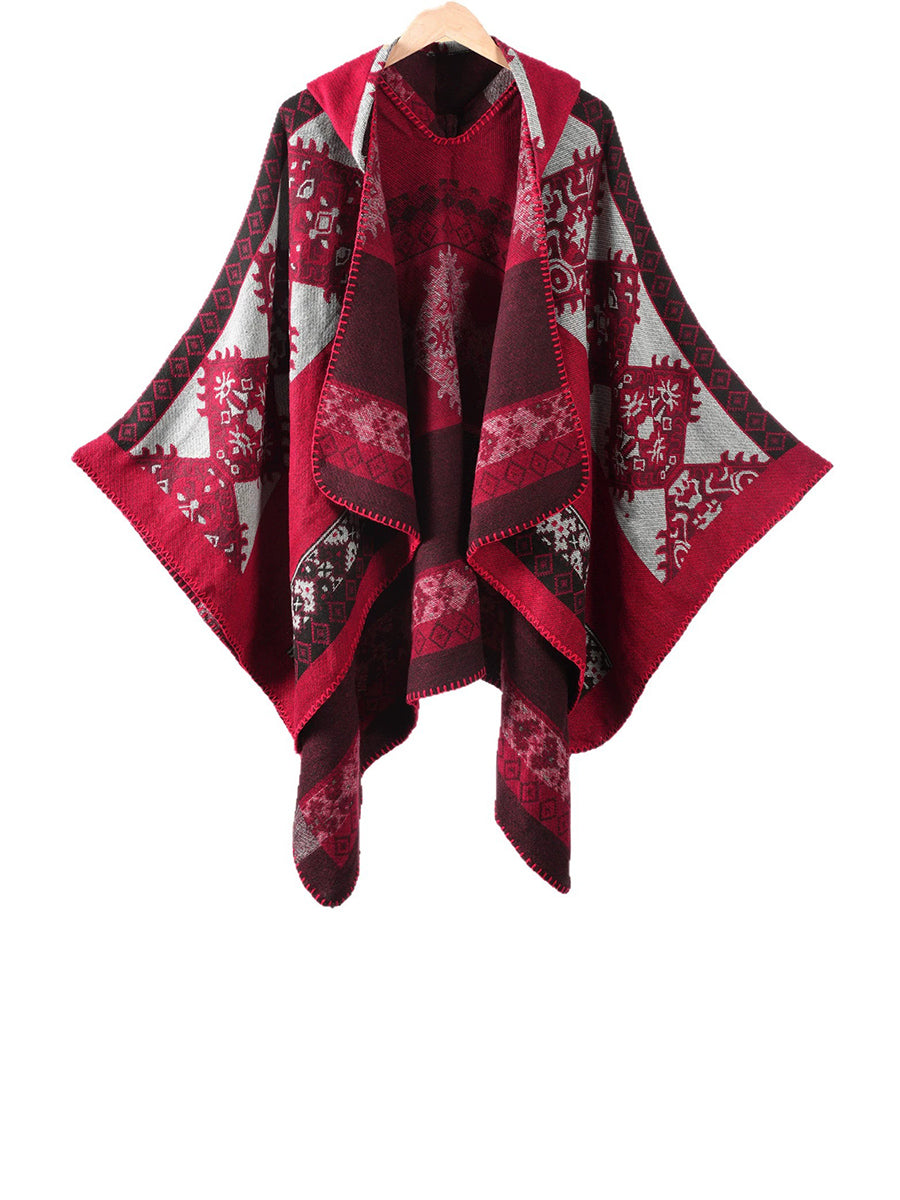 Ethnic Geometric Winter Warm Hooded Shawl