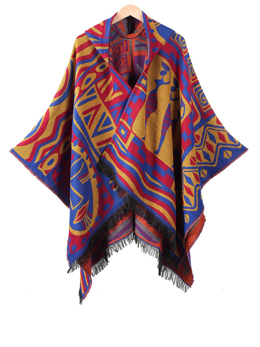 Ethnic Geometric Winter Warm Hooded Shawl