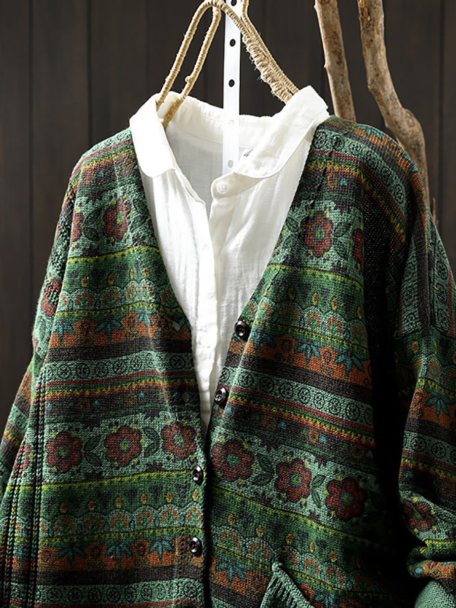 Women Autumn Retro Flower Stripe V-Neck Knitted Sweater