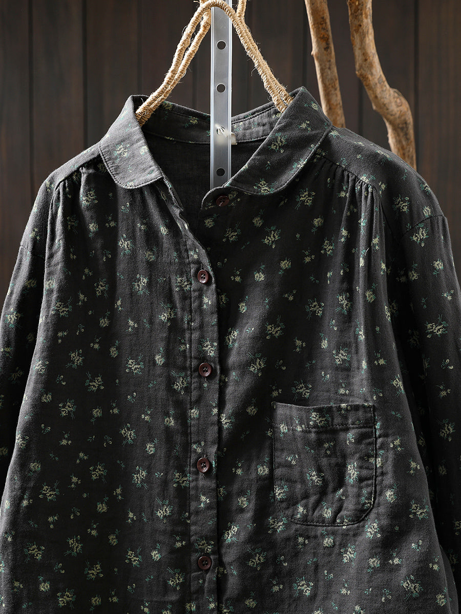 Women Autumn Artsy Floral 100%Cotton Shirt
