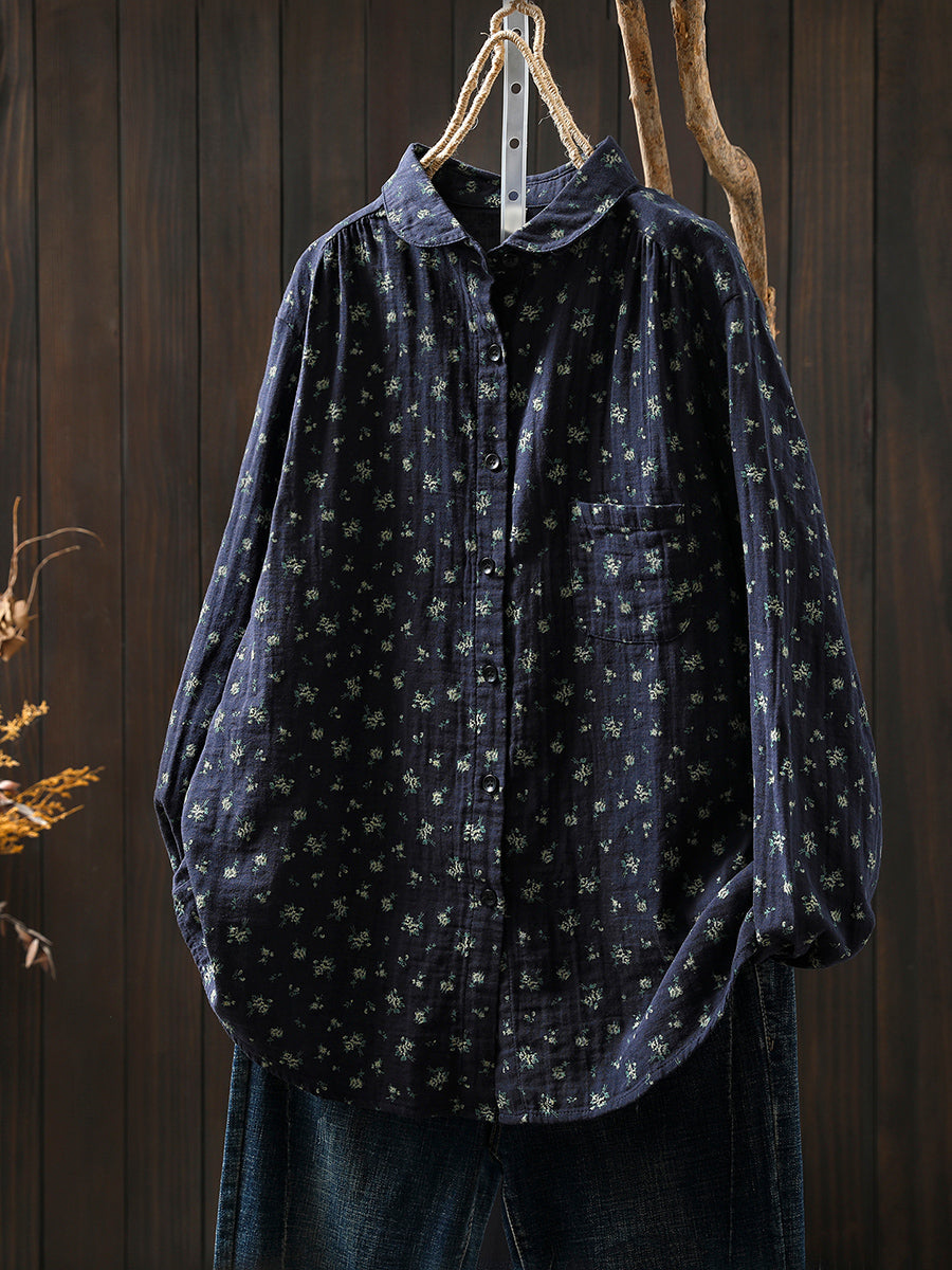 Women Autumn Artsy Floral 100%Cotton Shirt