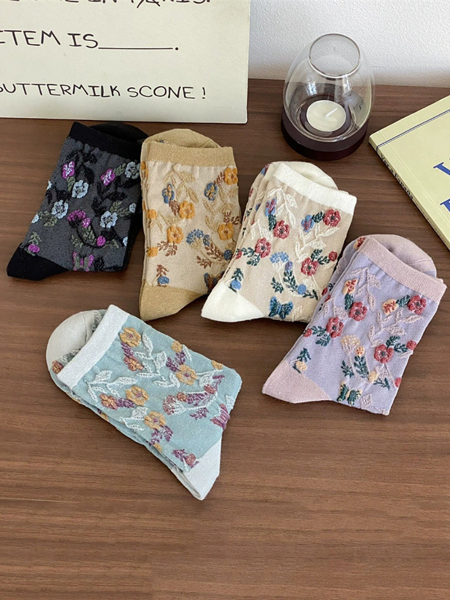 5 Pairs Women Artsy Flower Jacquard Cotton Socks