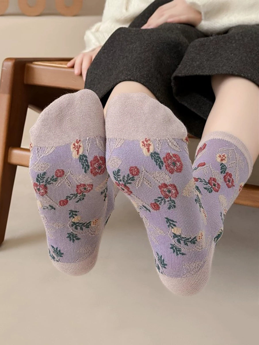 5 Pairs Women Artsy Flower Jacquard Cotton Socks