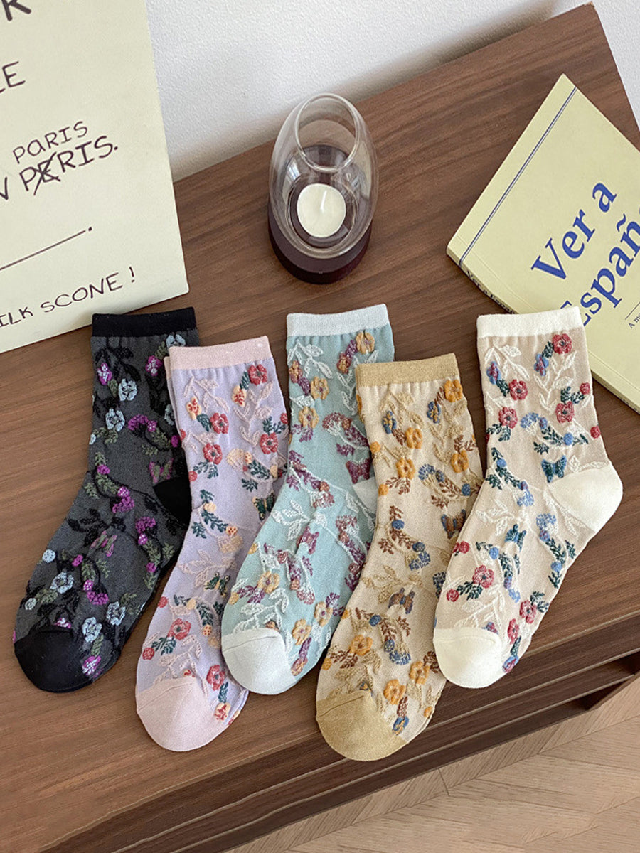 5 Pairs Women Artsy Flower Jacquard Cotton Socks