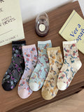 5 Pairs Women Artsy Flower Jacquard Cotton Socks