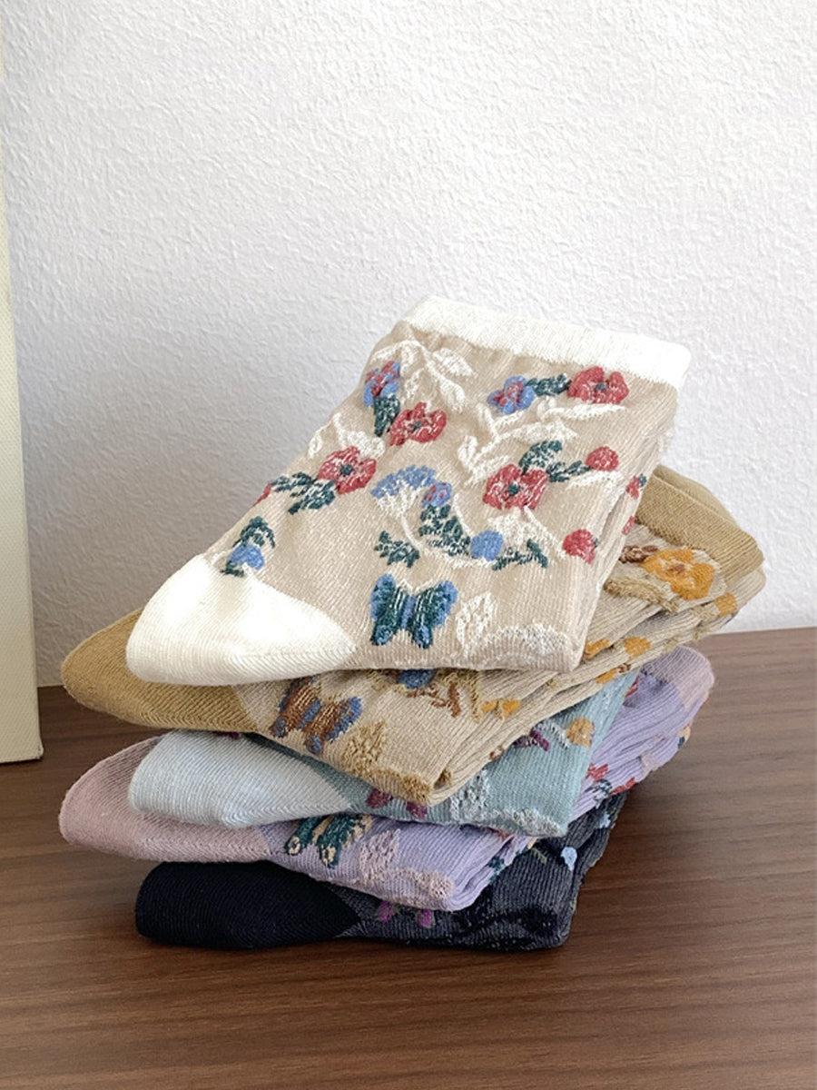 5 Pairs Women Artsy Flower Jacquard Cotton Socks
