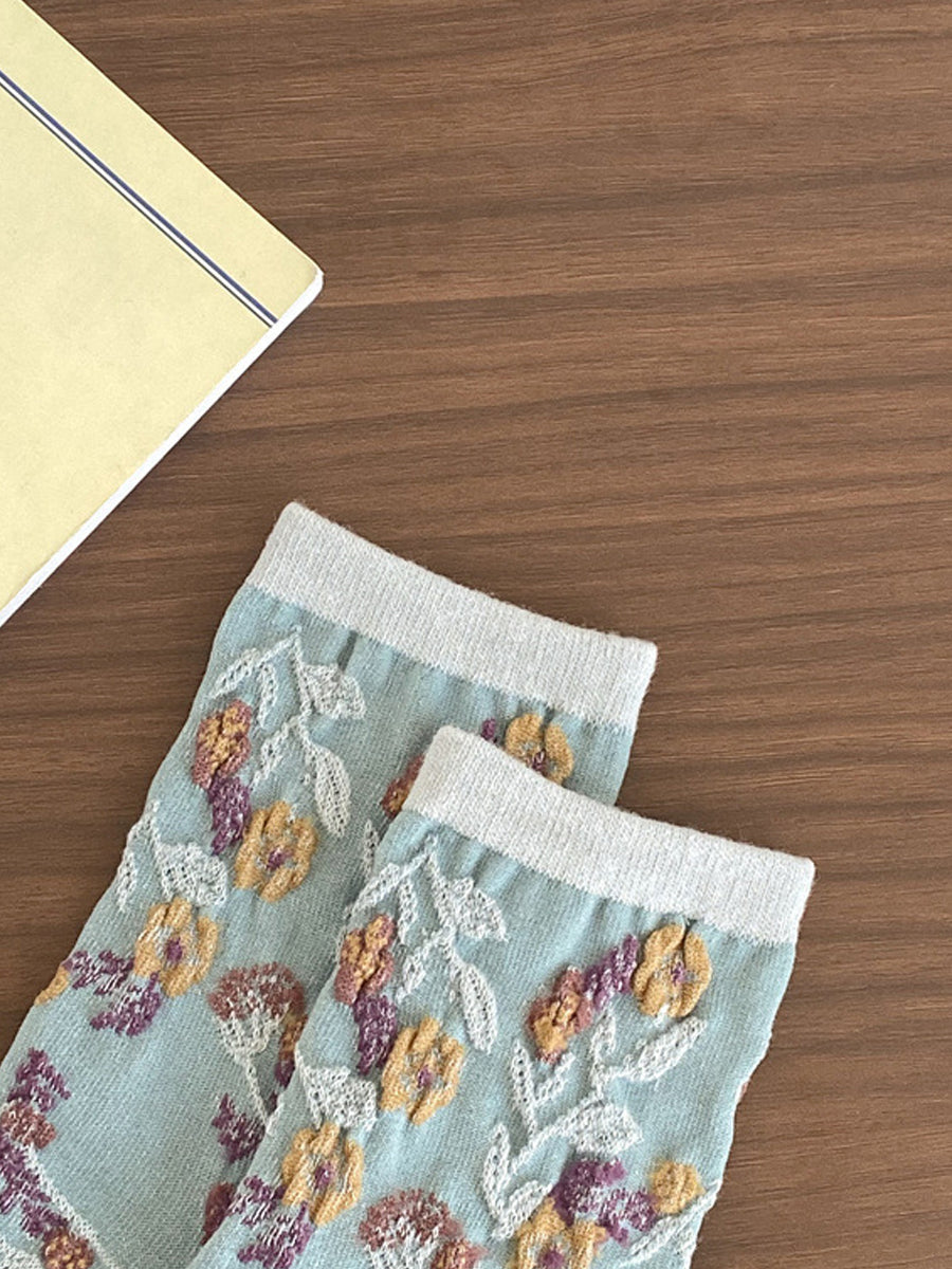 5 Pairs Women Artsy Flower Jacquard Cotton Socks