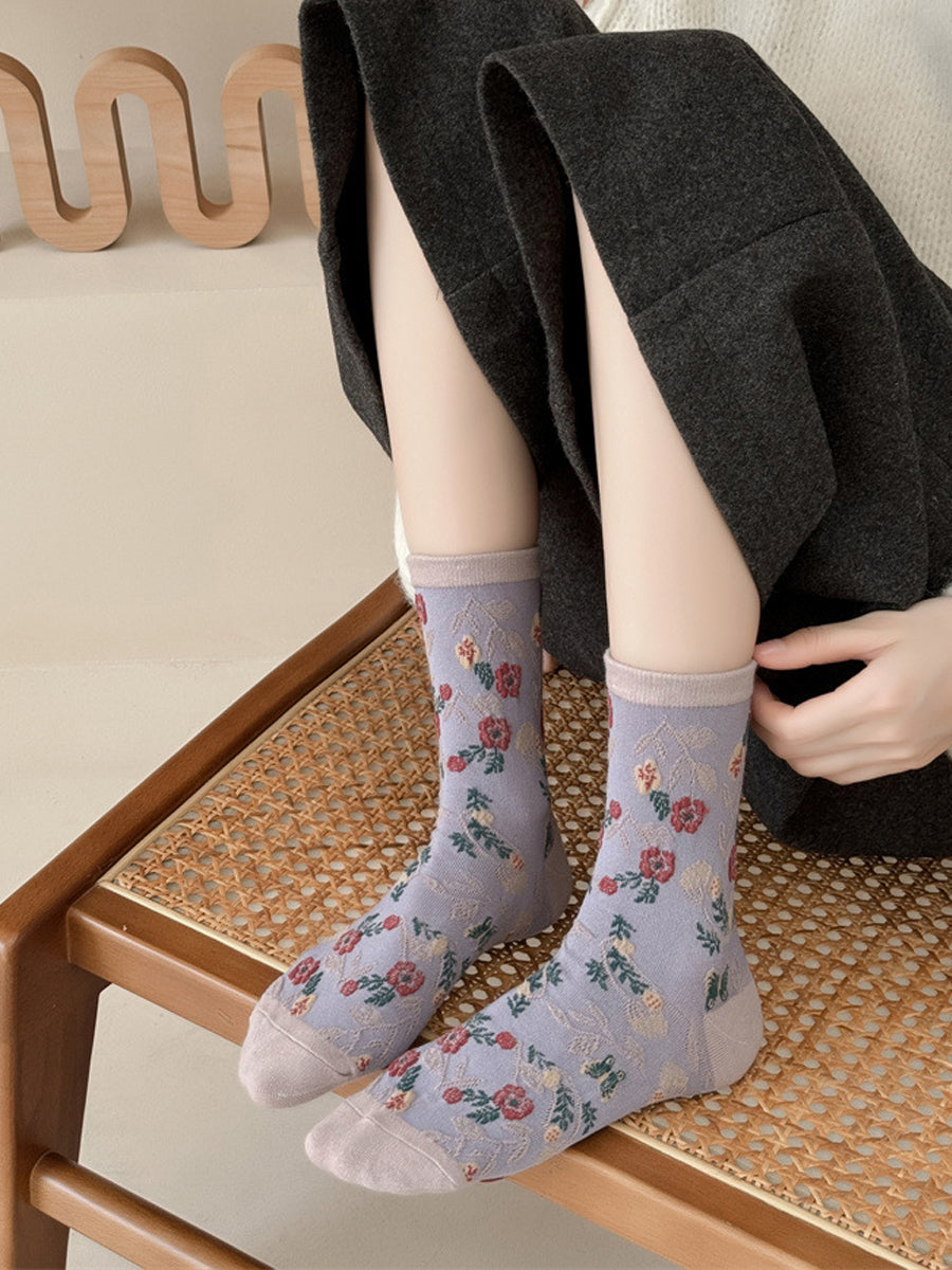 5 Pairs Women Artsy Flower Jacquard Cotton Socks