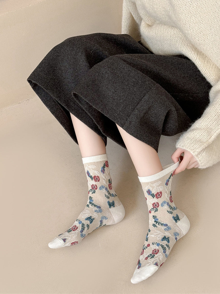 5 Pairs Women Artsy Flower Jacquard Cotton Socks