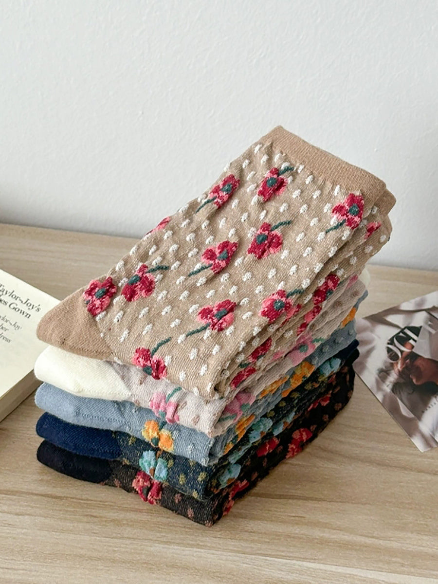 5 Pairs Women Artsy Flower Jacquard Socks